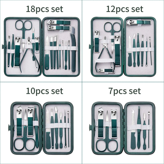 7/10/12/18Pcs Manicure Set Stainless Steel Nail Cutter Fingernail Clippers Trimmer Eyebrow Scissor Tweezers Ear Spoon Facial Car